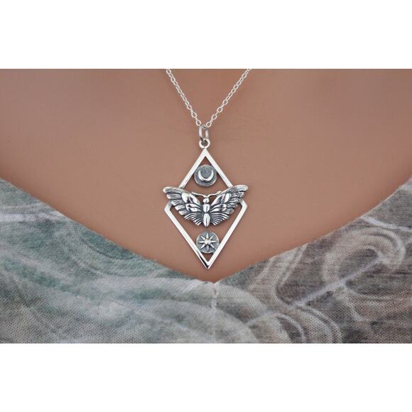Sterling Silver Geometric Moth Charm with Sun and Moon Necklace - Picture 5 of 6